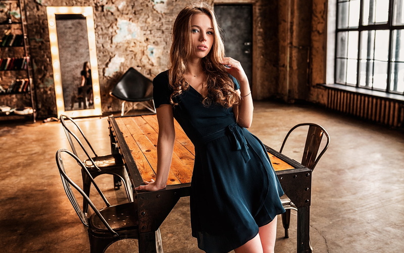 long hair, mirror, 1080P, Nadezhda Smetanina, chair, blue dress, women, Vlad Popov, indoors, blonde, model, table