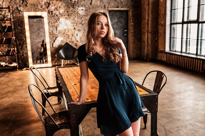 reflection, women, blonde, chair, Vlad Popov, depth of field, Nadezhda Smetanina, portrait, women indoors, model, 2K, indoors, touching hair, table, dress