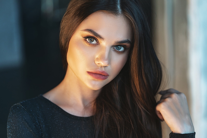 lips, Vlad Popov, model, Sonia Biletsky, lipstick, 2K, blue eyes, brunette, closeup, mouth, looking at viewer, women, T-shirt