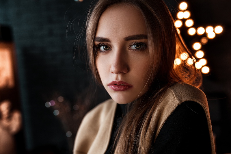 women indoors, indoors, long hair, face, red lipstick, coats, brunette, bokeh, Vlad Popov, looking at viewer, model, portrait, women, lights, 2K