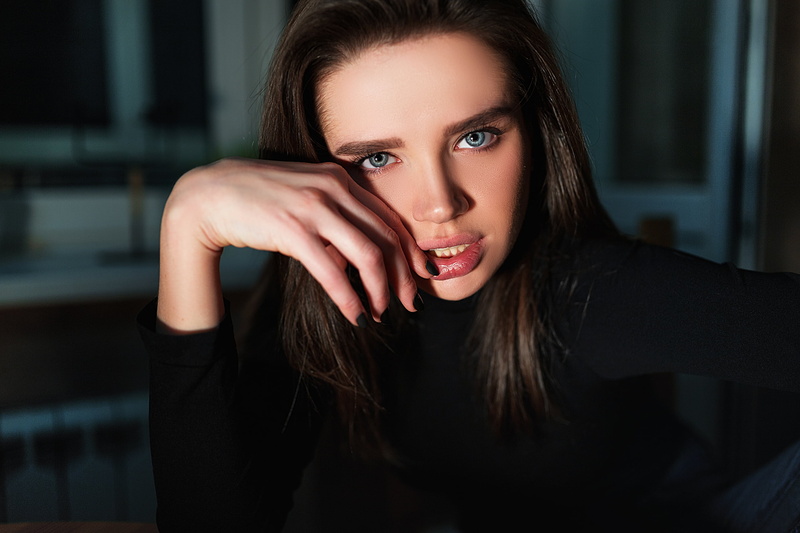 depth of field, model, women indoors, finger on lips, face, looking at viewer, brunette, black clothing, Vlad Popov, gray eyes, turtlenecks, 2K, indoors