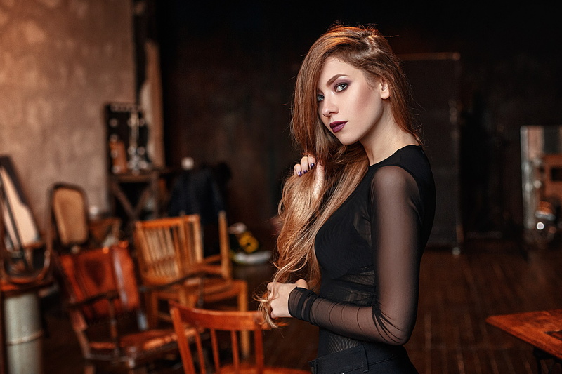 blue eyes, brunette, Nadezhda Smetanina, 2K, face, black bras, hands in hair, long hair, standing, see-through clothing, women, Vlad Popov, portrait, eyeshadow