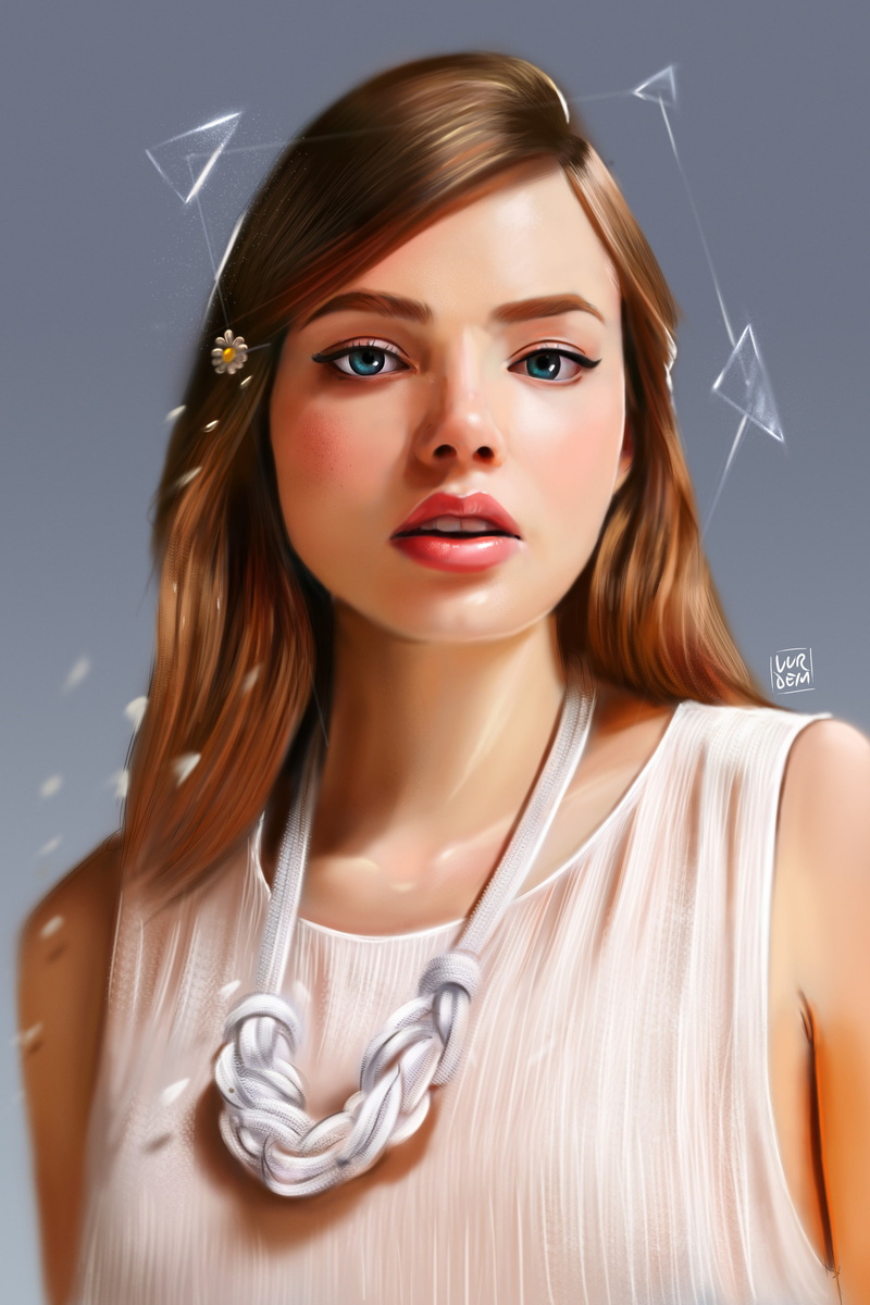 Yaşar  Vurdem, 2K, women, white dress, open mouth, flower in hair, digital art, painting, face, blue eyes, portrait display, artwork, triangle