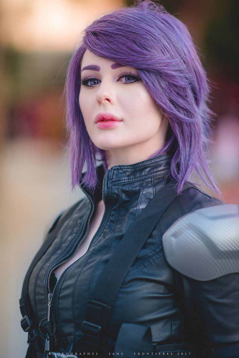 purple hair, women, jacket, 1080P, model, short hair, portrait, Jenna Lynn Meowri, purple eyes, black jackets, zipper, black clothing, Black clothes, cosplay
