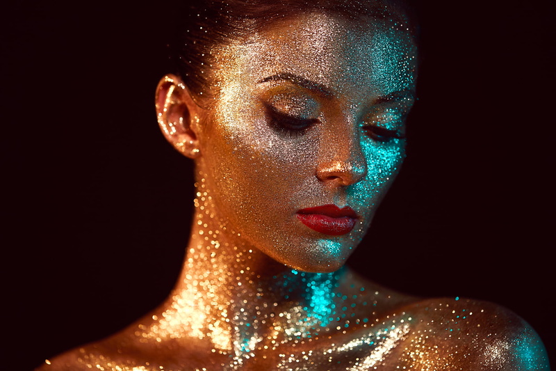brunette, eyeshadow, young woman, body paint, looking below, lipstick, makeup, red lipstick, black background, closed mouth, glitter, face, women, model