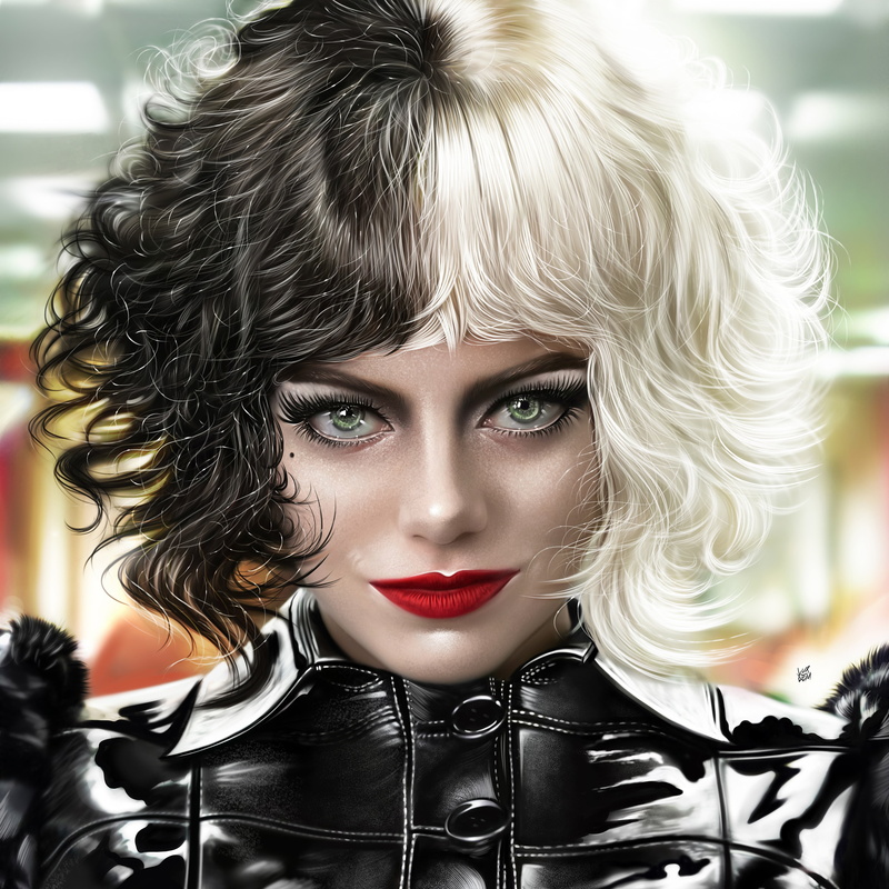 artwork, Emma Stone, Yaşar Vurdem, women, painting, fan art, 4K, Cruella de Vil, looking at viewer, Disney, Cruella, portrait, celebrity, green eyes, portrait display