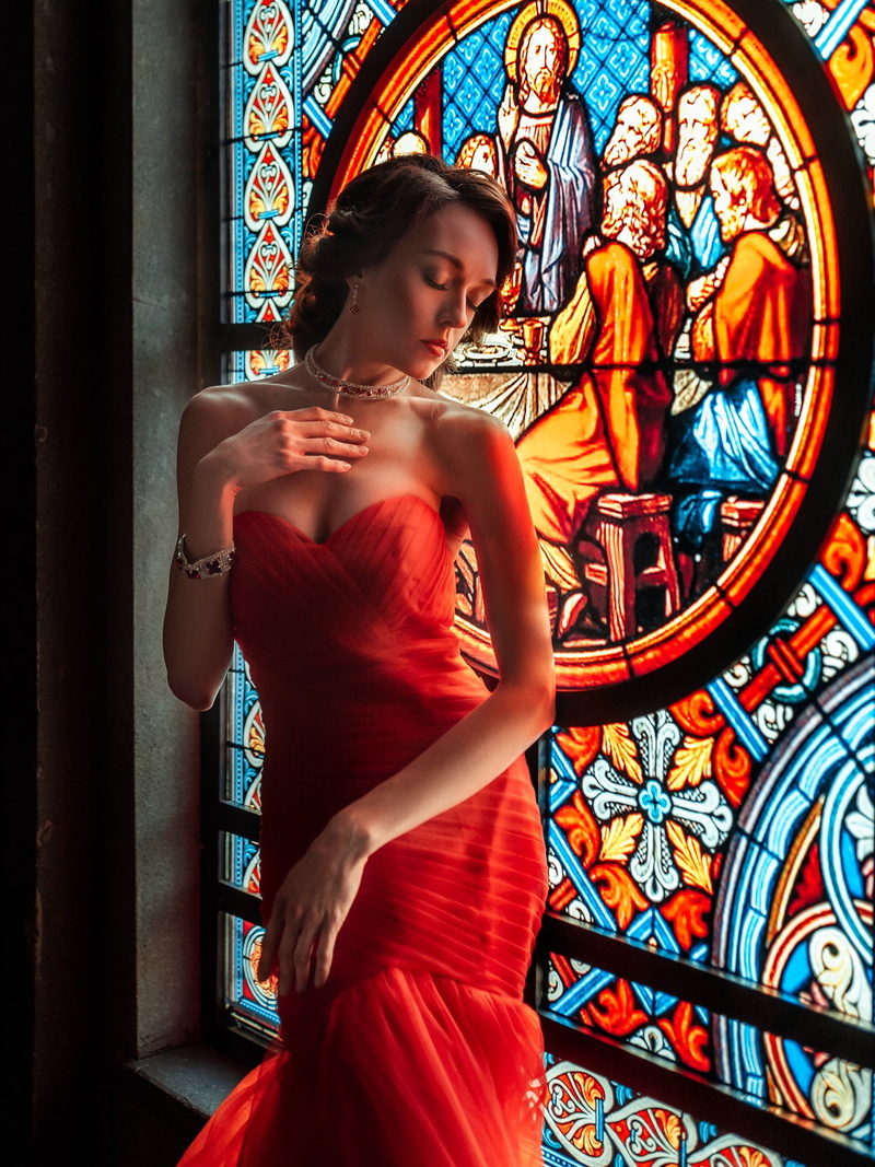 glass, young women, hairstyle, Evgeny Markalev, model, beautiful woman, indoors, standing, stained glass, red dress, art and craft, red, 1080P, place of worship