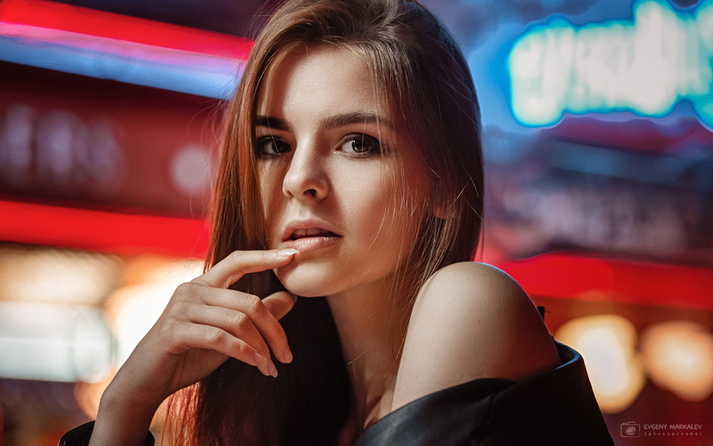model, women, bokeh, open mouth, Vasilisa Sarovskaya, portrait, 1080P, brunette, face, brown eyes, finger on lips, long hair, Evgeny Markalev