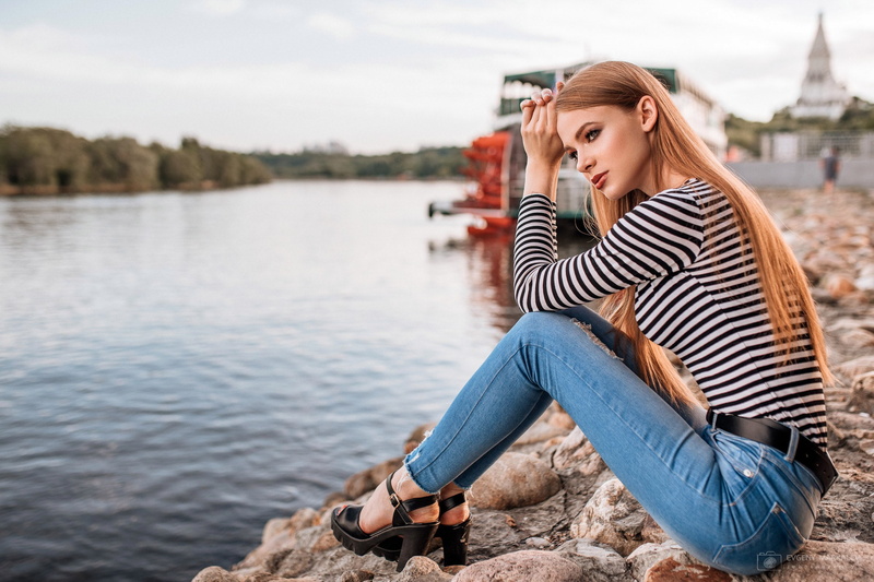 river, blonde, long hair, riverside, blue eyes, women, Evgeny Markalev, high heels, 1080P, women outdoors, Katerina Tkachenko, jeans, face