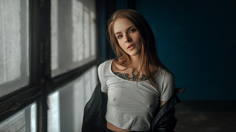 720P, brunette, window, women, inked girls, portrait, tattoo, brown eyes, leather jackets, Vasilisa Sarovskaya, Georgy Chernyadyev, nipples through clothing