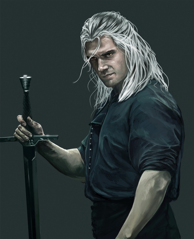 fan art, orange eyes, artwork, The Witcher (TV Series), simple background, ArtStation, Diego Cabrera, Henry Cavill, digital art, sword, Geralt of Rivia
