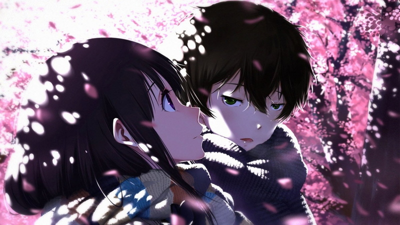 Anime, disguise, mid adult, Eru Chitanda, Hōtarō Oreki, close-up, celebration, plant, purple, headshot, indoors, Hyouka, 1080P, nature, adult, mask - disguise
