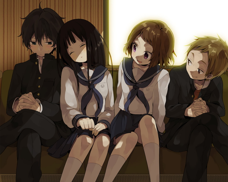 spooky, beautiful woman, three quarter length, young adult, costume, Anime, Hōtarō Oreki, leisure activity, Satoshi Fukube, front view, group of people