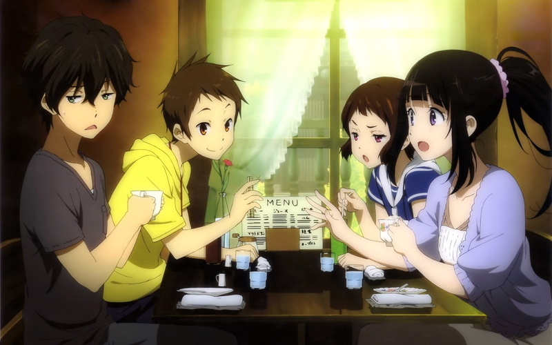 1080P, Satoshi Fukube, Anime, creativity, male, Hōtarō Oreki, real people, girls, females, Eru Chitanda, table, reflection, illuminated, lifestyles, leisure activity