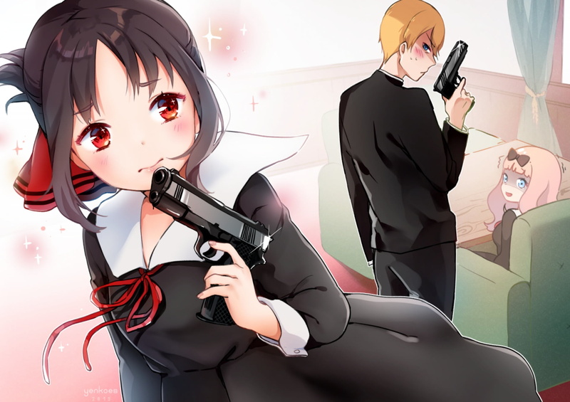 Blue Eyes, Girl, Gun, Miyuki Shirogane, 1080P, Kaguya-sama: Love is War, Blonde, Chika Fujiwara, Kaguya Shinomiya, Red Eyes, Black Hair, Anime