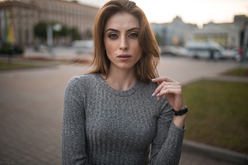 young women, real people, one person, focus on foreground, face, brown hair, lifestyles, 1080P, Dmitry Sn, urban, grey sweater, beautiful woman, Nadya