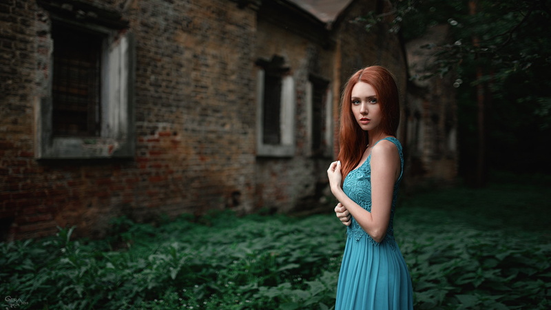 George Chernyadev, bokeh, blue, the building, Hope Niyazova, beautiful, foliage, girl, portrait, beauty, grass, Nadya, 1080P, red, grid, abandoned, dress