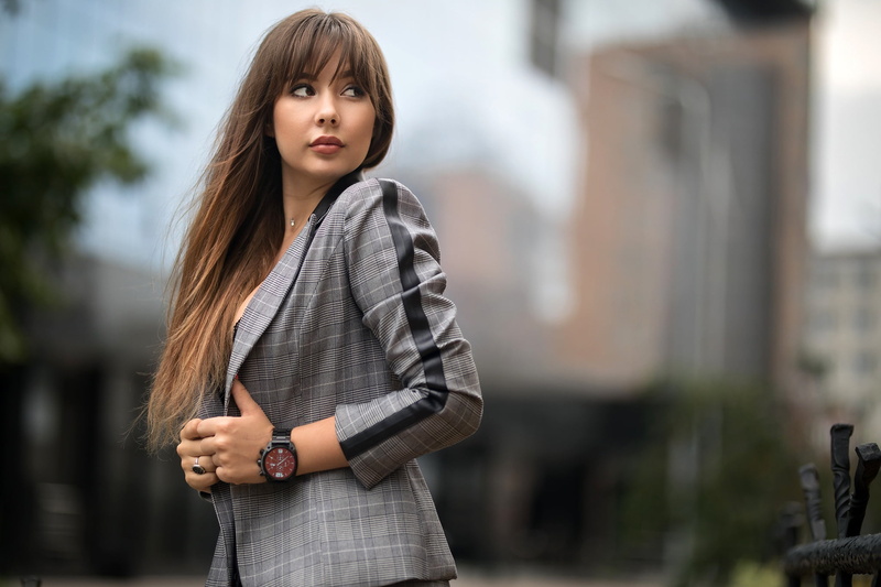 jacket, makeup, pose, hairstyle, bokeh, portrait, Dmitry Shulgin, 1080P, Nadya, brown hair, Dmitry Sn, costume, model