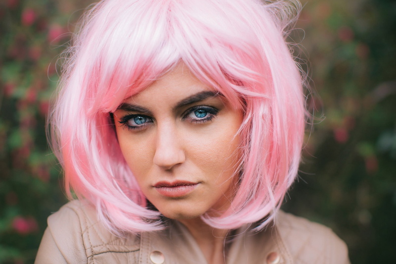 Aurela Skandaj, women, wigs, face, pink hair, 1080P
