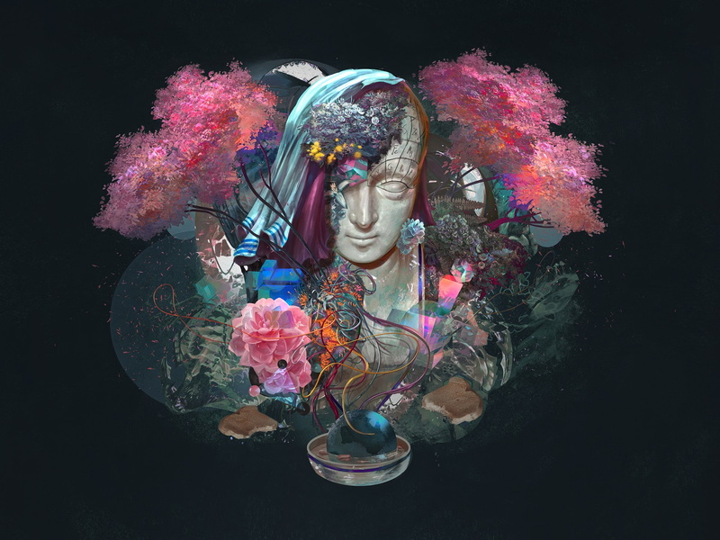indoors, colorful, simple background, pink color, paint, wig, mystery, black background, creativity, pink flowers, multi colored, representation, human representation