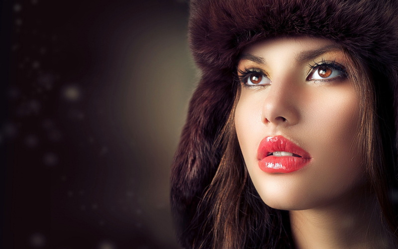 face, hat, women, brown eyes, fur cap, brunette, open mouth, looking into the distance, 2K, model, looking away, red lipstick