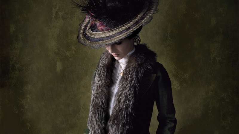 elegance, teenager, hairstyle, standing, winter, vintage, movie poster, coat, warm clothing, fur, adult, model, feathers, brunette, closed eyes, females