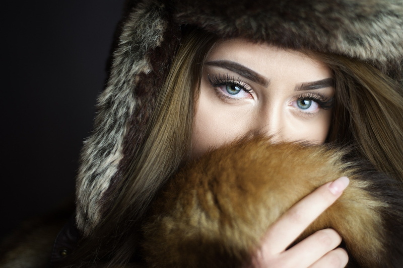dark, warm clothing, beauty, winter, portrait, black background, indoors, one person, young adult, blonde, headshot, 1080P, blue eyes, fur hat, women