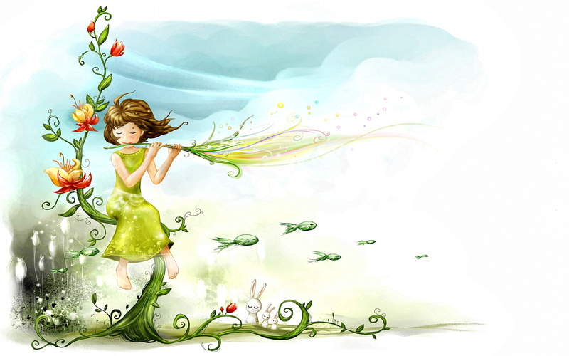 the air, spring breeze, flowers, spring, fantasy, 1080P, water, on the shores of lake, picture, art, mood, the watercolor drawing, fairy world, ease, weightlessness