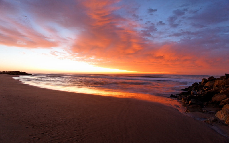 beauty In Nature, reflection, landscape, sunlight, morning, beach, color Image, sand, blue, dawn, coastline, seascape, 2K, orange Color, outdoors, sky