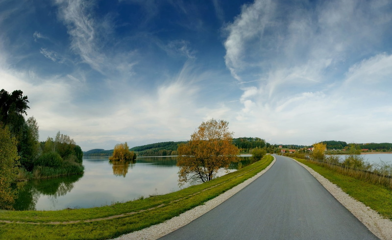 lake, non-Urban Scene, ease, tranquil Scene, beauty In Nature, woodland, road, mountain, sky, no People, forest, outdoors, artwork, field, long, scenics