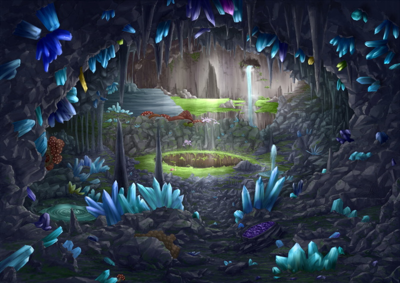 Mushroom, Original, Cave, Crystal, Anime, 1080P, Waterfall