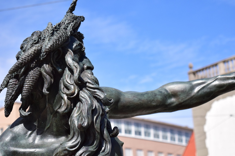 travel, sky, architecture, antique, day, creativity, augustus fountain, figure, nature, bronze, built structure, male likeness, art and craft, 5K, close