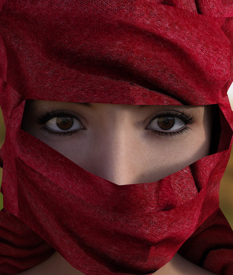 human body part, human eye, scarf, front view, headscarf, covering, clothing, close-up, veil, attractive, human face, eyes, red, view, real people, 5K
