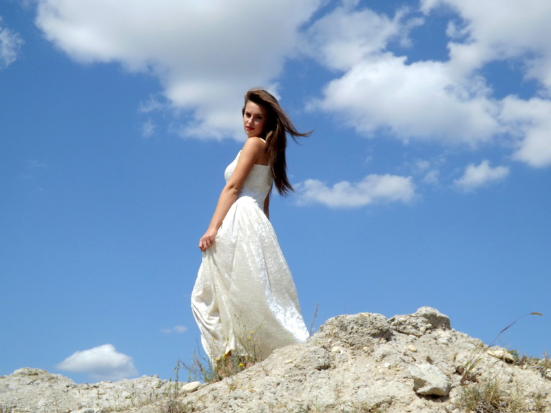 white, sleeveless, angel, low angle view, dress, cloud, beautiful woman, people, caucasian Ethnicity, bride, women, girl, one Person, 4K, cloud - sky