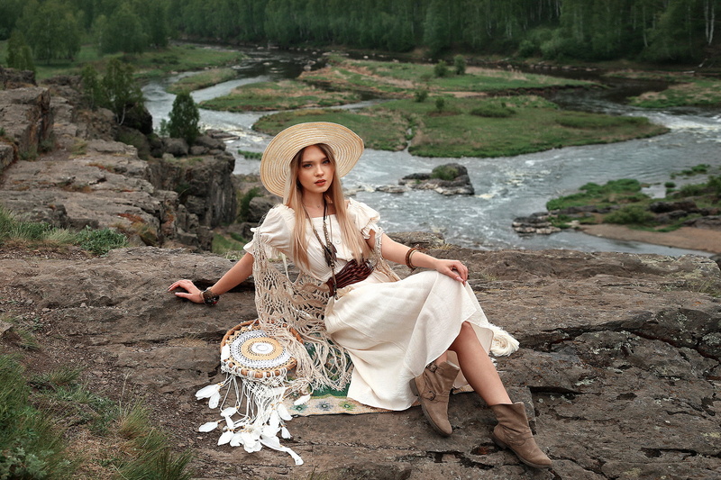 boots, necklace, nature, dreamcatchers, hat, 1080P, straight hair, outdoors, long hair, Katya Kotaro, Dmitry Arhar, dress, blonde, women