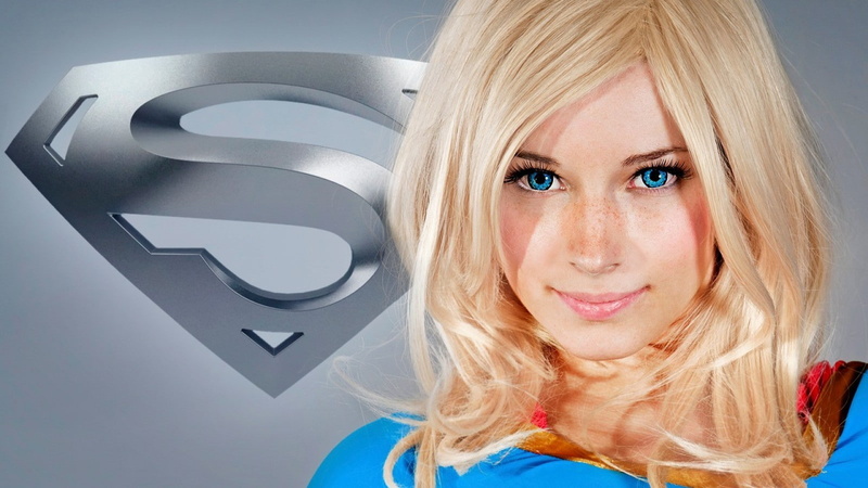 long hair, 720P, Supergirl, looking at viewer, cosplay, Enji night, model, blue eyes, women, superhero, blonde