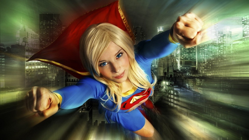 women, flying, Supergirl, 720P, cosplay, blue eyes, superhero, blonde, Enji night, building