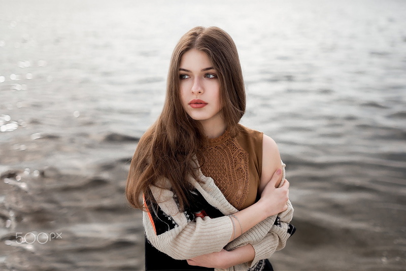 open mouth, sweater, gray eyes, beauty, red lipstick, women, lifestyles, straight hair, one person, young women, model, looking away, standing, portrait