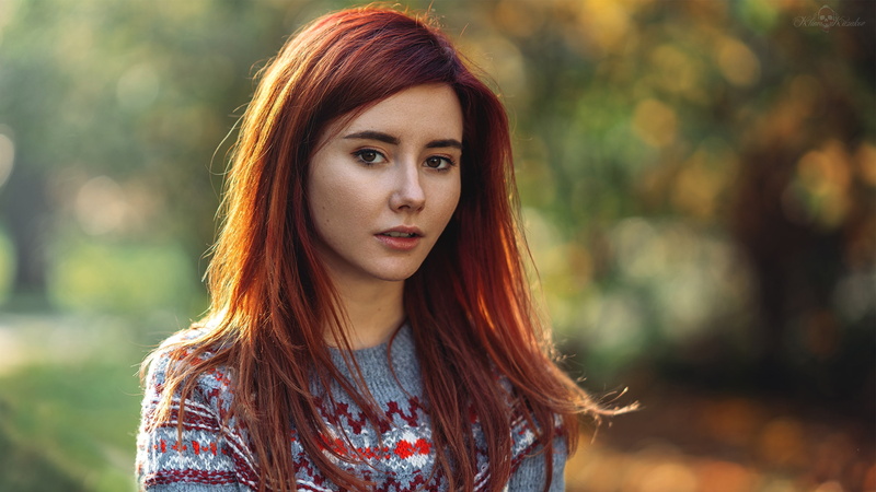 open mouth, model, women, 2K, brown eyes, sweater, women outdoors, portrait, redhead, bokeh, long hair