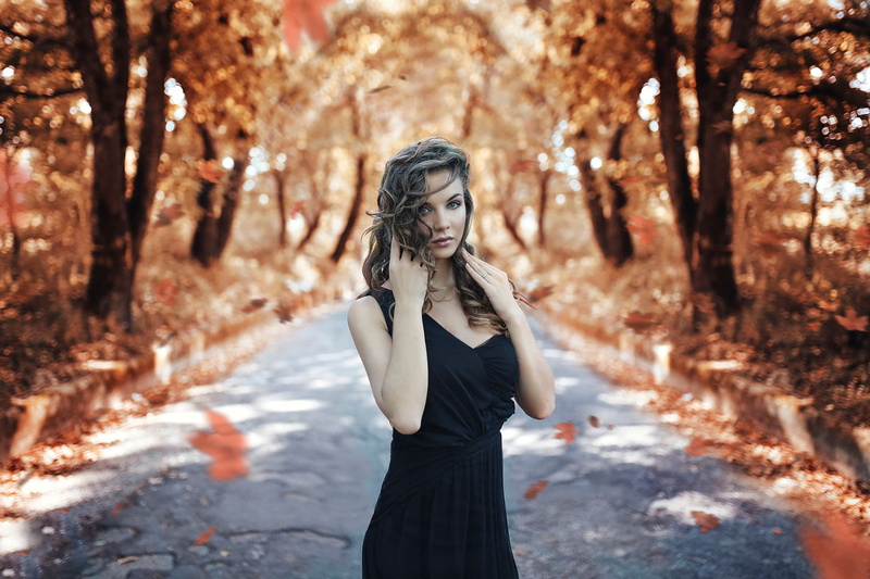 one, s, the girl, 1080P, the road, dress, black, Autumn, Alessandro Di Cicco, v, girl, shoulder, women, tank, Road
