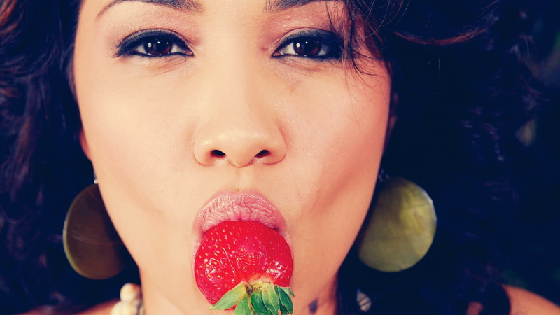lifestyles, indoors, make-up, leisure activity, looking at viewer, temptation, human body part, mouth open, human lips, close-up, strawberries, real people