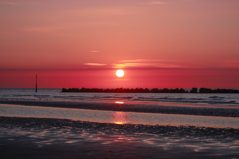 romantic sky, sun, reflection, scenics - nature, water, orange color, no people, france, tranquility, 5K, horizon, red, sea, beach, beauty in nature, dunkirk