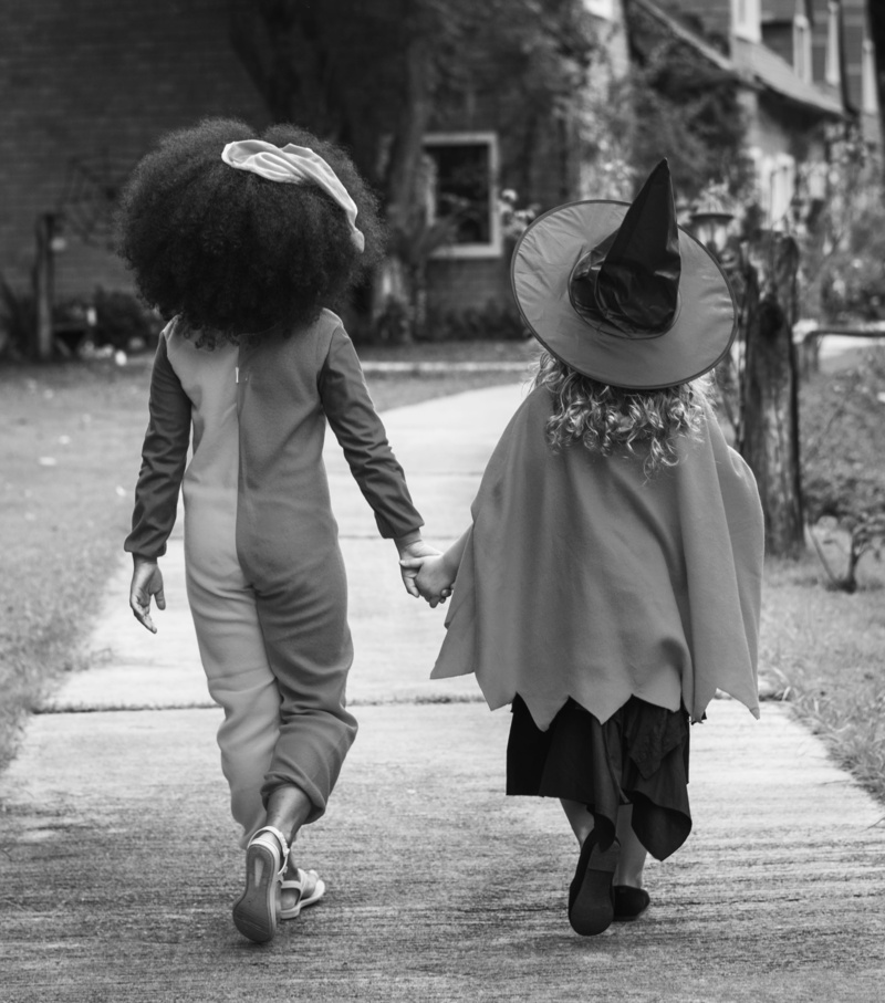 fun, 2K, child, innocence, lifestyles, outfit, wear, diverse, warm clothing, grayscale, party, hair, two, walking, october, bonding, afro, enjoyment, activity