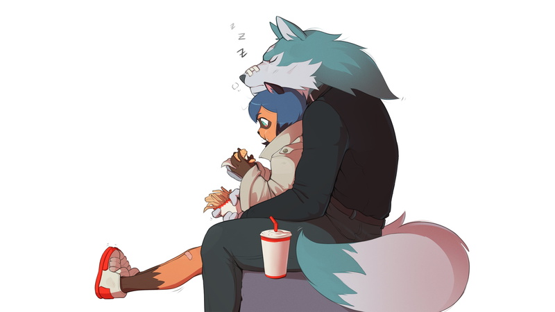 digital art, PudgeRuffian, anime girls eating, 4K, Fries, Anthro, raccoon girl, anime, simple background, eating, BNA, anime girls, Shirou Ogami, anime boys