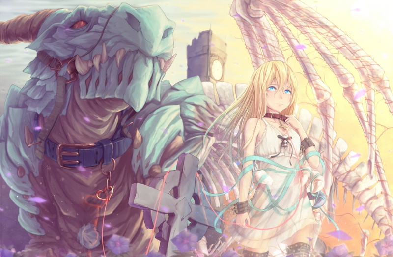 outdoors, day, blue eyes, representation, statue, dress, monster, no people, original characters, dragon, anime, digital, girl, multi colored, blonde, female likeness