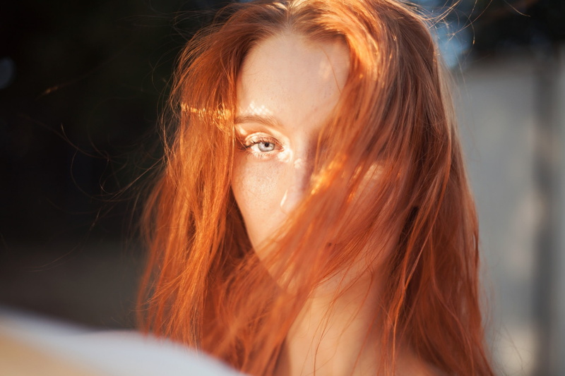 Ruby James, pale, blue eyes, 1080P, redhead, looking at viewer, women, Michelle H. Paghie, hair in face