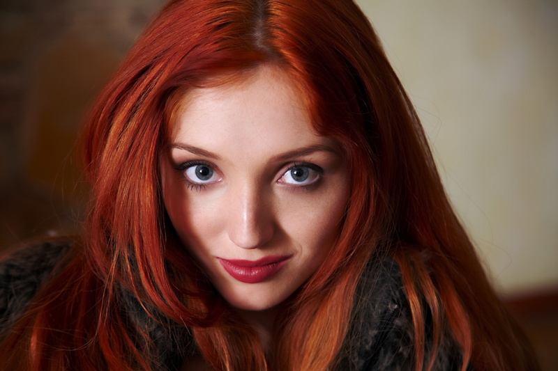 portrait, looking at viewer, black jackets, face, redhead, blue eyes, 5K, women, long hair, Michelle H. Paghie