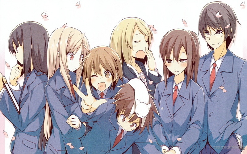 characters, men, Shiina Mashiro, real people, indoors, anime, Akasaka Ryounosuke, teenage boys, human representation, Kamiigusa Misaki, Aoyama Nanami, boys