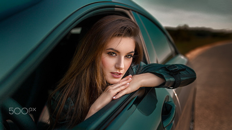 Polish women, inside a car, Natalia, portrait, brunette, women, women with cars, 500px, Damian Piórko, 720P, leather jackets, Natalia Szałagan, car interior