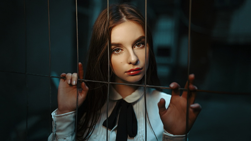 Victoria, long hair, portrait, brown eyes, Polish women, face, red lipstick, Damian Piórko, women, 1080P